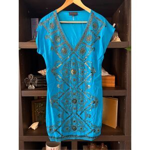 NWT Hale Bob Teal Blue Beaded V-Neck Silk Blend Mini Dress Size Small